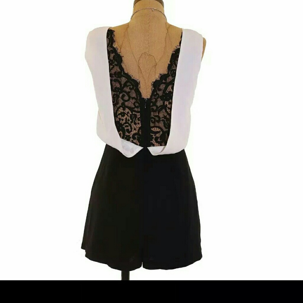 NWOT Ivory black open back lace romper